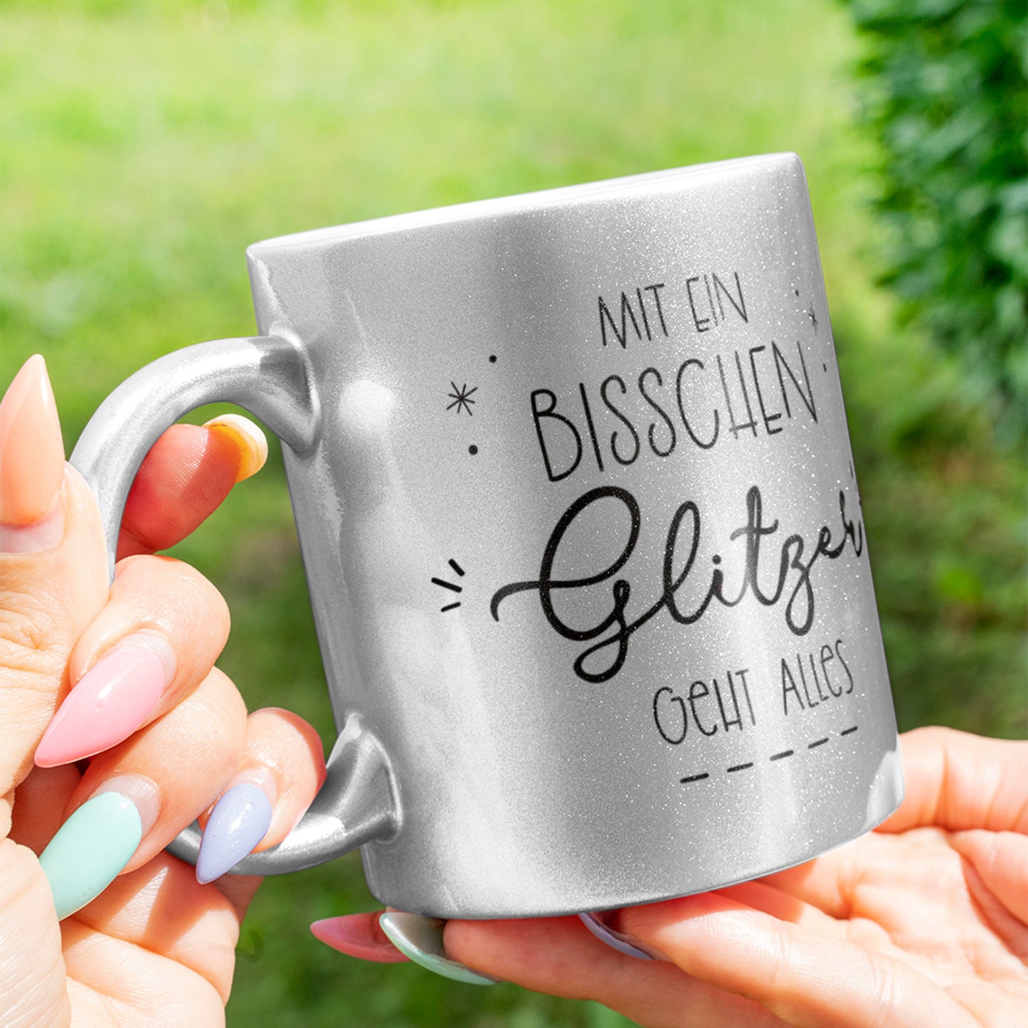 Glitzerstasse im Metallic-Look bedruckt